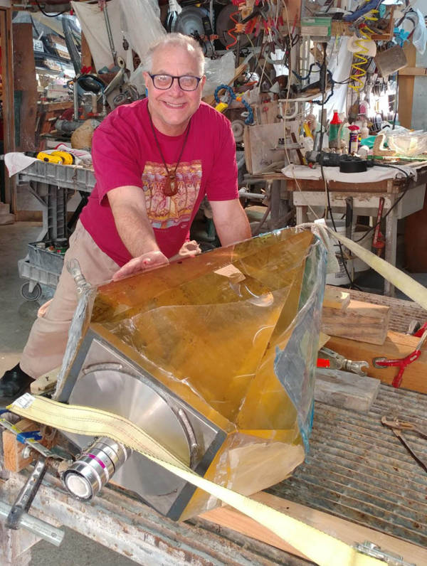 Rainbow Arrow monumental optical glass sculpture by Michael Bokrosh